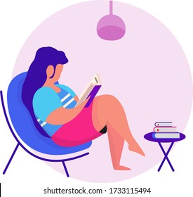  girl reading a book on the sofa.wearing home clothes and reading interesting story flat style concept.