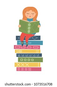 Girl reading book on stack of books on white background. Education, studying, learning vector illustration.