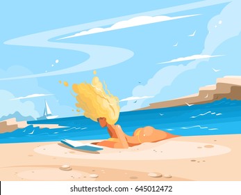 Girl reading book on sunny beach