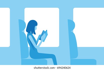 Girl reading a book on a train in monochrome