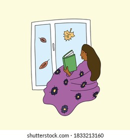 Girl reading book on the window vector illustration. Doodle style vector illustration. 