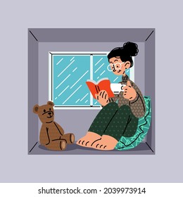 Girl reading book on a window vector illustration