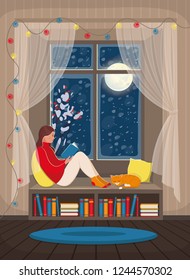 A Girl Reading A Book On The Windowsill. Cozy Interior With A Snow Window,  Bookshelf And With A Cat. Vector Illustration In Flat Cartoon Style.