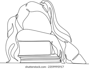 A girl reading a book one continuous line art drawing style. A kid sit in calm learning and studying.