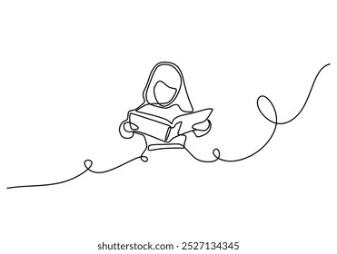 Mädchen, das ein Buch in einer durchgehenden Strichzeichnung liest. Minimalistisches lineares Design für Bildungs- und Lernkonzepte. Einfache handgezeichnete Illustration.