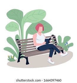 Girl reading book in park flat color vector faceless character. Lonely woman enjoying novel, student sitting on bench with textbook isolated cartoon illustration for web graphic design and animation