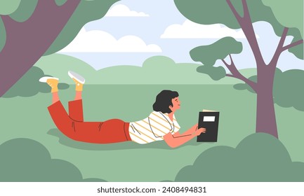 Niña leyendo un libro en parque sobre césped, ilustración vectorial en estilo plano de caricatura. Las niñas se relaja o estudian fuera en la naturaleza, lee un libro sobre un césped verde. Mujer en el bosque de verano.