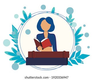 Girl reading book poster. Young woman in reading book vector illustraton. Interior decoration. Relax mood print.