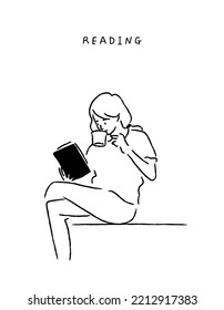 Afiche de una chica leyendo un libro. Joven leyendo un libro. Relájese con la impresión de ánimo. Pase un momento relajante con café caliente durante la lectura. Revista, blog. arte de línea. Ilustración vectorial de moda. Estilo dibujado a mano.