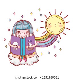 girl reading book with rainbow and sun kawaii