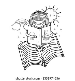 girl reading book with rainbow and sun kawaii