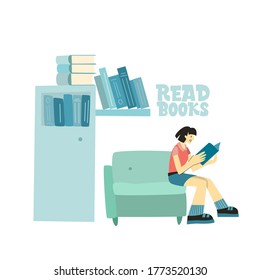 A girl is reading a book. Read books. Set of book lovers, readers, modern literature fans isolated on white background. Flat cartoon vector illustration.