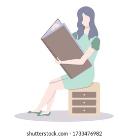 Girl reading book. Read more books concept. Literature fan, bookworm, female student dressed in beautiful dress. Study of huge interesting novel. Flat vector trendy illustration isolated on white.