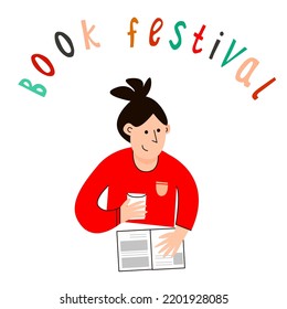 A girl reading a book, read more books concept. Hand drawn Vector illustration. pastel colors, book festival