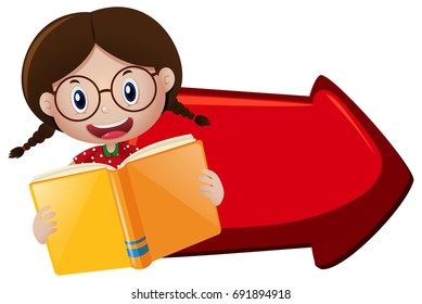 Girl reading book and red arrow illustration