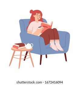 Girl Reading A Book And Resting Concept. Feminine Daily Life And Everyday Routine Scene By Young Woman At Home