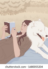 Girl reading a book and resting with her dog on a picnic in the park. Autumn mood. Flat vector illustration