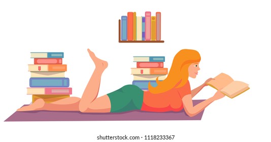 girl reading a book, in the room, student, vector illustration, cartoon
