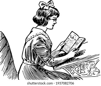 Girl Reading a Book at a School Desk, glasses, literature, spectacles, study, vintage line drawing or engraving illustration.
