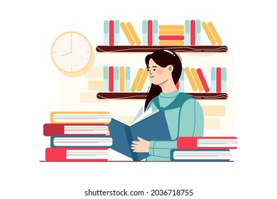 Girl reading book in a school library Illustration concept. Flat illustration isolated on white background.