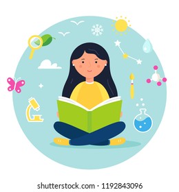 Girl Reading a Book. Science, Biology, Stem and Steam Approach Concept Illustration. Vector Design.