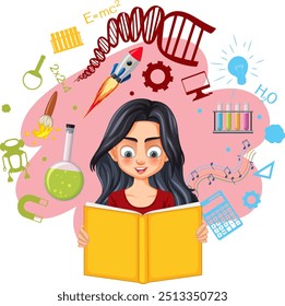 Girl reading book with science concepts around