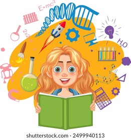 Girl reading book with science symbols around