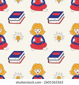 Girl Reading Book Seamless Pattern. Cartoon educational Background with student character holding textbook stack light bulb. Repeat vector illustration