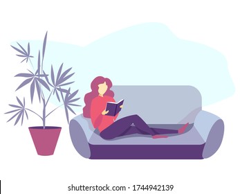 Girl reading a book.  She is sitting on the couch.  Near the sofa is a palm tree in a pot.  Self-development.  Illustration made in red - blue tones.  Flat.