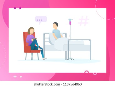 Girl reading a book for a sick man. Sick man lying in a medical bed. Visitor in hospital. Conceptual Modern and Trendy colorful vector illustration for landing page. Web template.
