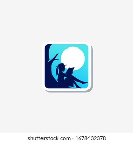 girl reading book sit under sun or moon illustration icon app logo design