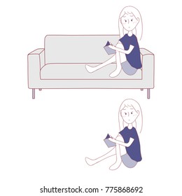 Girl Reading Book. Sitting Alone on Sofa. Vector Illustration.