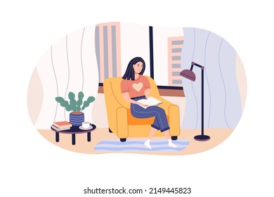 Girl reading a book sitting in an armchair near the window in the bedroom. Daily routines and everyday activities of young women spend time. Flat cartoon vector illustration.