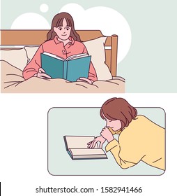 A girl is reading a book sitting in bed. A girl is lying on the floor and reading a book. hand drawn style vector design illustrations. 
