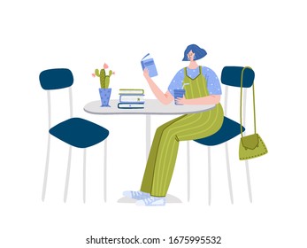 Girl reading book sitting in cafe or her kitcen, student read and study, literature fan or lover concept, modern flat cartoon textured people character isolated on white - vector illustration