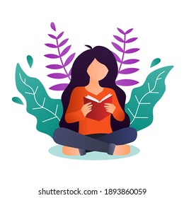 Girl reading book sitting cross legged vector design.