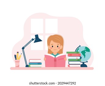 Girl reading a book sitting at a desk. Vector illustration concept in cartoon style