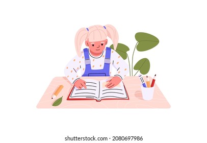 Girl reading book, sitting at desk. School child studying at table. Schoolkid doing homework at home. Diligent pupil with textbook. Colored flat vector illustration isolated on white background