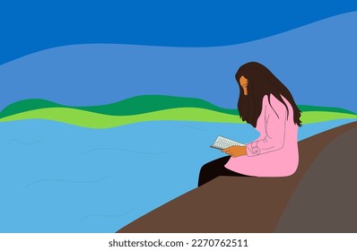 Girl reading a book sitting near the water. Flat style vector illustration