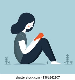 Girl reading a book sitting on the floor. Vector illustration