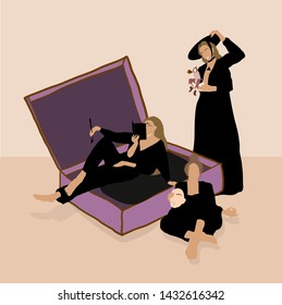 girl reading a book sitting on a vinyl player, a meditating friend, a woman in a long dress holding a girl with a book in a cup of coffee. Psychedelic contemporary female cartoon portrait. 