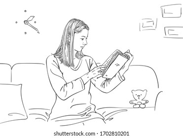 Girl is reading book and sitting on sofa in room, vector sketch, hand drawn linear illustration