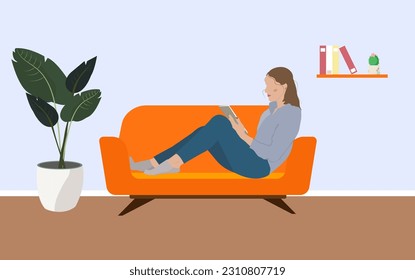 girl reading a book sitting on the couch in her apartment. flat style