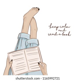 Girl reading book sketch illutration.  Vector city character. Barefoot woman holding book on her legs atwork. Student leisure, education cartoon design