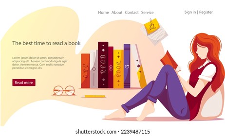 Girl is reading book, stack of books, glasses, pen, piece of notebook. Book lover, Reading, Book store, Library, Education concept. Vector illustration for flyer, poster, banner, website development. 