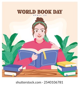 A girl is reading a book. Stack of books on a wooden board. World Book Day concept. Flat vector illustration.