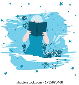 Girl reading book with star blue