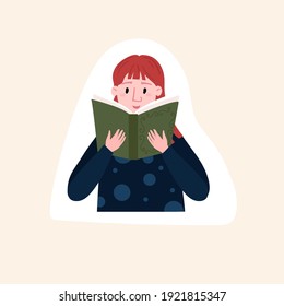 Girl is reading book. Sticker of studying Student. Female reader with novel. Woman hold book. Distance learning and self education concept.