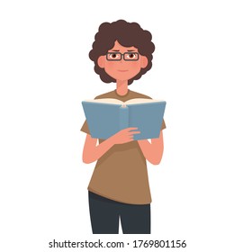 Girl is reading a book. A student exam preparation. Vector illustration isolated on white background