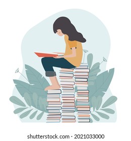 The girl is reading a book. Student, schoolgirl, back to school, start of a new school year, study. Flat illustration.